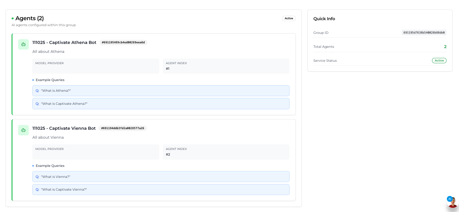 When you click an Agent Group in the "Agent Groups" window, it brings you to its own page. It will give an overview of all Agents inside them, alongside their Description, Model Provider, Example Queries, and their Agent Index.