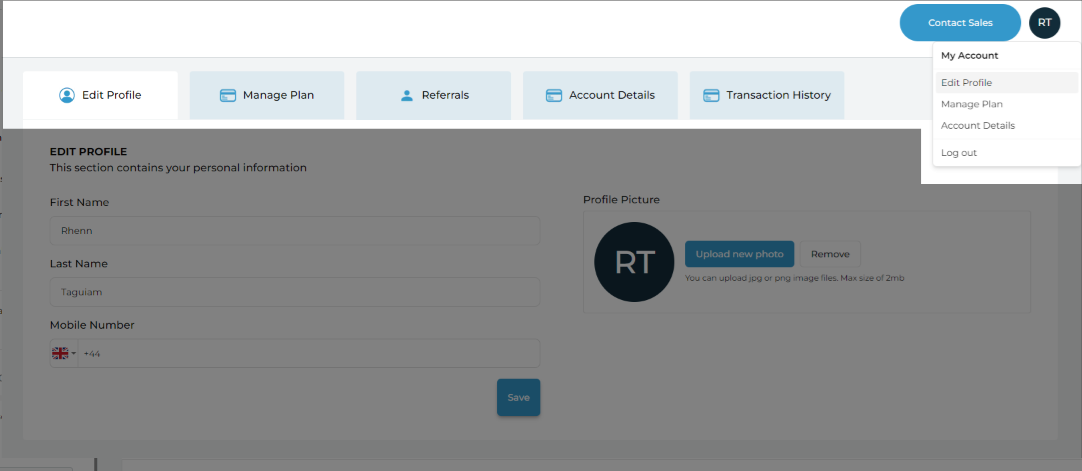 The "Settings" view of the user. This can be accessed by selecting either "Edit Profile," "Manage Plan," or "Account Details" after clicking the user's profile picture on the upper-right side of the Captivate Chat internal dashboard.
