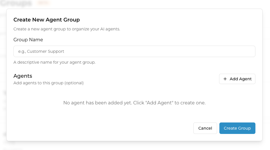 After clicking "+Create New Agent Group" a "Create New Agent Group" popup window will appear. This will initially appear empty except the option to fill out Group Name, and clicking "+Add Agent" will start populating the popup with the option to add Agents.