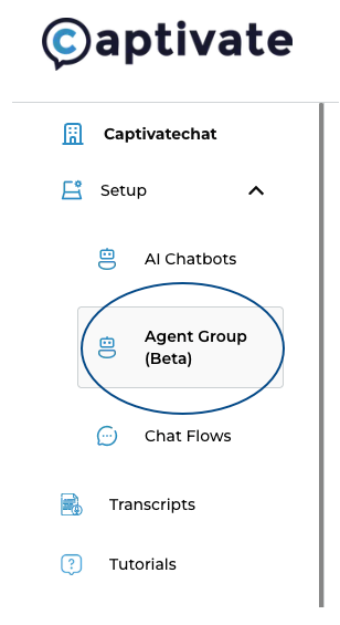 The "Agent Group (Beta)" button is accessible in the left-hand side of the Captivate platform. Click this to access the Agent Group page.