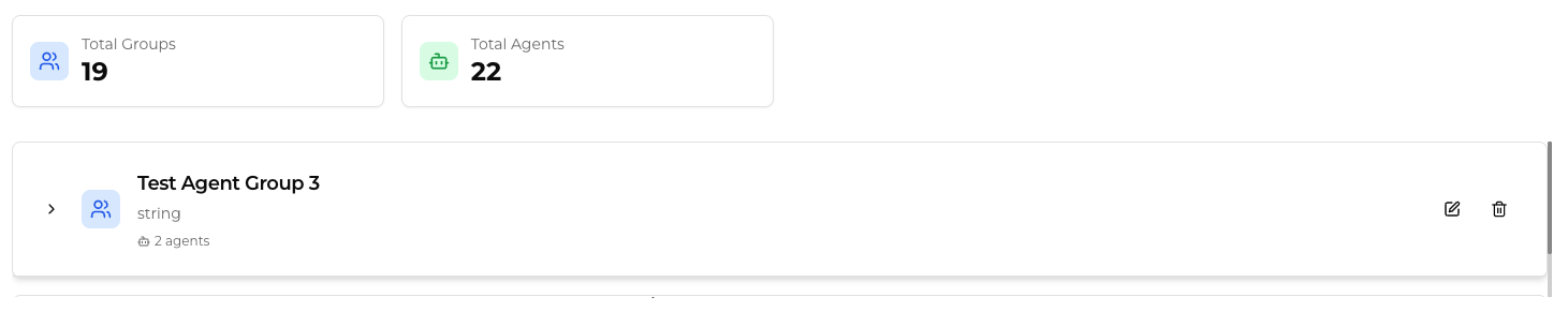 The "Agent Groups" page gives a view of the Total Groups in the platform and the Total Agents used across them. You may click "+Create Agent Group" to start creating your own Agent Groups.