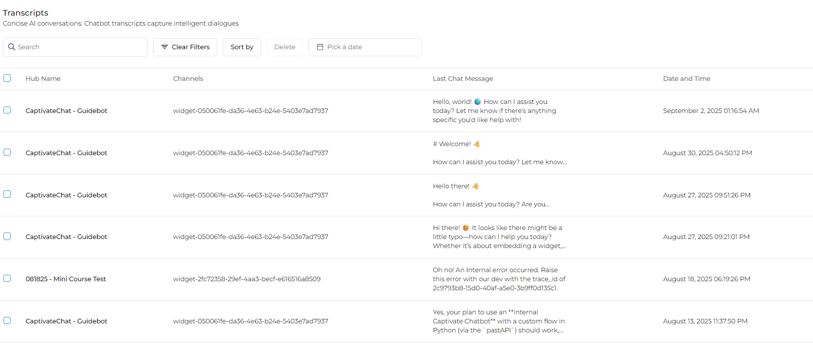 The "Transcripts" view lists potentially useful and relevant conversations between users and a particular Chat Flow. The view reveals the Hub Name (refers to Chat Flow used), the Channel involved, the Last Message in the conversation, and the Date and Time the conversation took place.